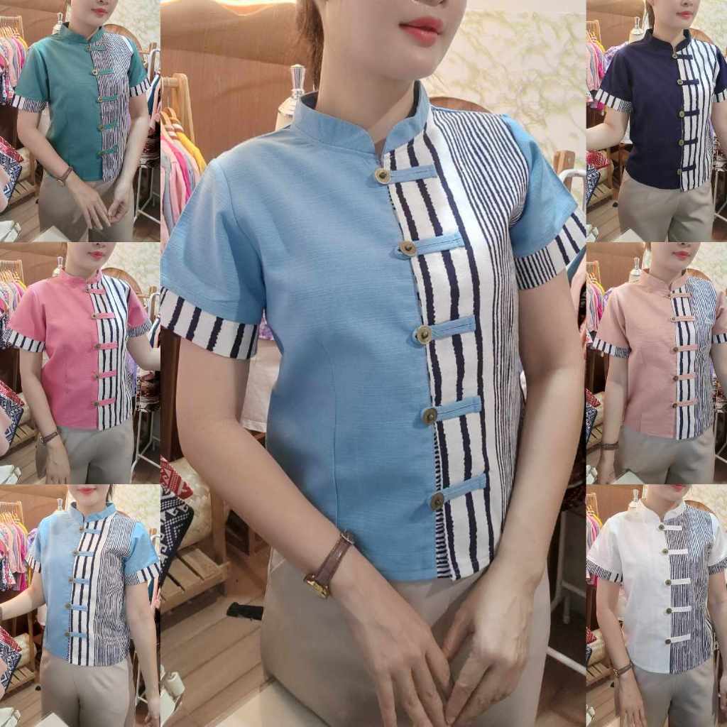 เสื้อผ้าฝ้ายหญิง คอจีนทูโทนลายเส้น