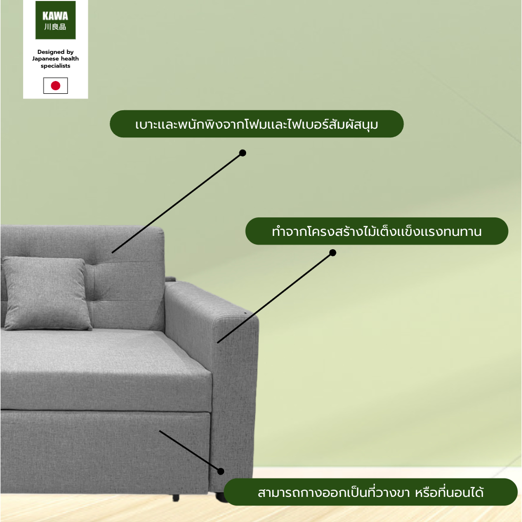 Kawa  รุ่น ดึงนอนได้ ( สปาโก้ )ผ้าหุ้มระบายอากาศ โซฟาผ้าเบด Spaco 2 ที่นั่ง  แถมฟรีหมอนอิง 2ใบ