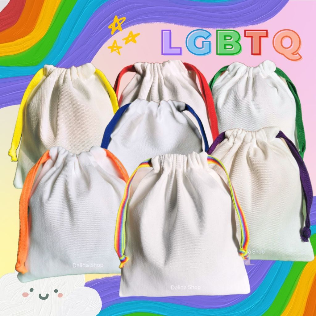 ถุงผ้าฝ้ายลายสอง ขนาด 7x8 นิ้ว ผ้าหนา เย็บดี สายเทปก้างปลาสายรุ้ง LGBTQ+
