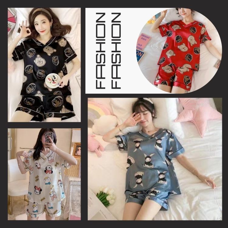 3300 ชุดนอนลายการ์ตูน ปลีก-ส่ง น่ารักๆสีหวานๆผ้าซาตินคอวีกว้าง มีโบว์เล็กๆน่ารักๆ ราคาถูกๆแขนสั้นขาสั้น (สินค้าพร้อมส้ง)