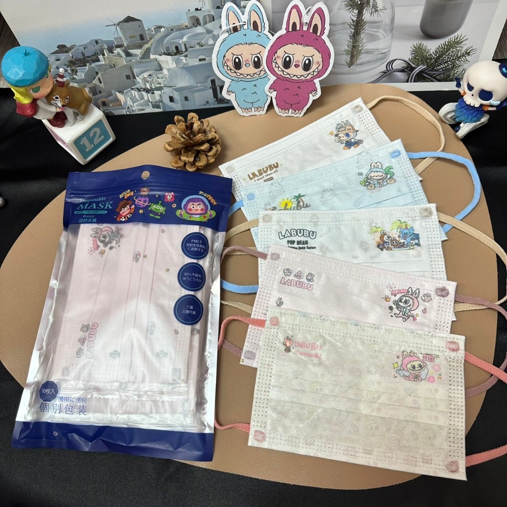 Face Mask เด็ก แมสเด็กลาบูบู้  แมสทรงสี่เหลี่ยม สายนิ่ม มีซีลแยกชิ้น 1แพ็ค10ชิ้น