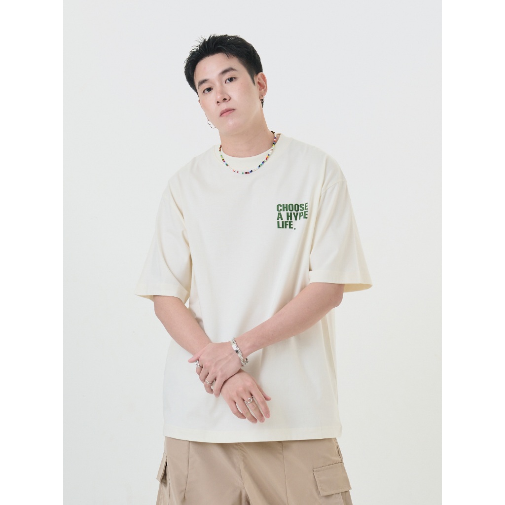 Hype It - Happy Life T-Shirt เสื้อยืดแขนสั้นทรง Oversized แบรนด์ Hype It  (คอไม่กว้าง ทรงไหล่ตก)