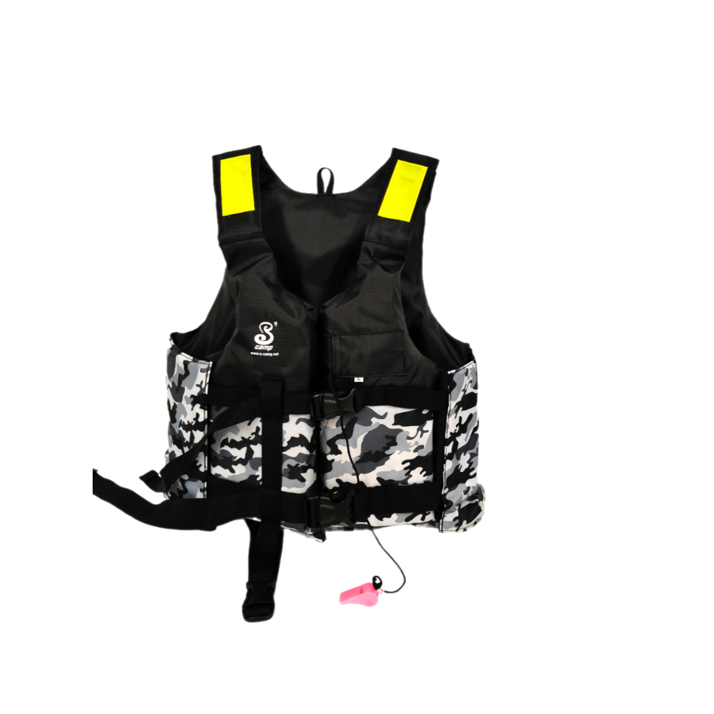 เสื้อชูชีพรุ่น S-1 (พรางเทาต่อดำ) มีแถบสะท้อนแสงสามารถมองเห็นได้ในระยะไกล มีนกหวีดและสายรั้งขา เพื่อความปลอดภัย - รูปที่ 2