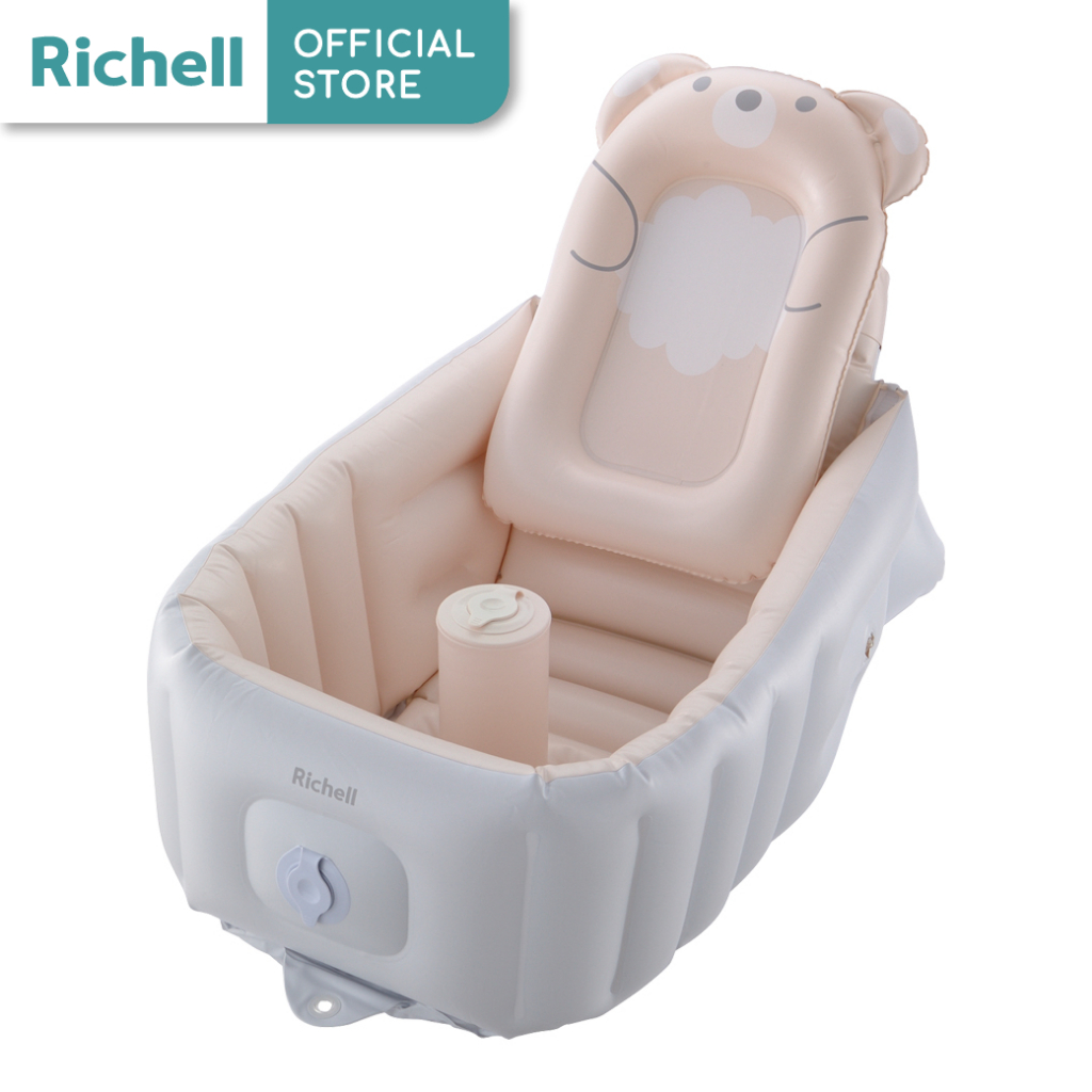 มาใหม่ Richell(ริเชล) อ่างอาบน้ำสำหรับเด็กทารก ปั๊มลมและพับเก็บได้ ด๊ไซน์ใหม่ พร้อมที่ช่วยพิงหลัง Soft Baby Bath Step up