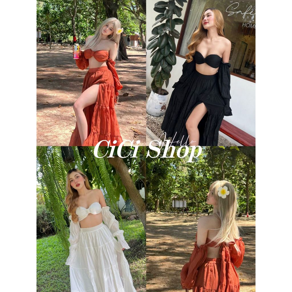 Cicishop(3288) SET 2 ชิ้น เสื้อแขนยาวผูหลัง+กระโปรงยาวแหวกข้าง มีซับใน เหมาะกับการใส่ไปทะเล