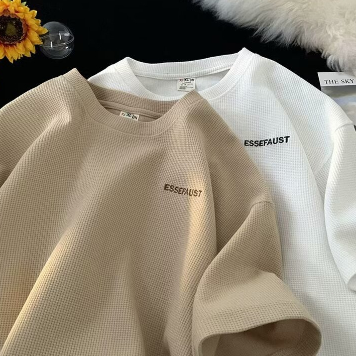 ONE-WE เสื้อยืดแขนสั้นลําลอง แบบครึ่งแขน ทรงหลวม ลายวาฟเฟิล เหมาะกับฤดูร้อน สไตล์สตรีท สําหรับผู้ชาย