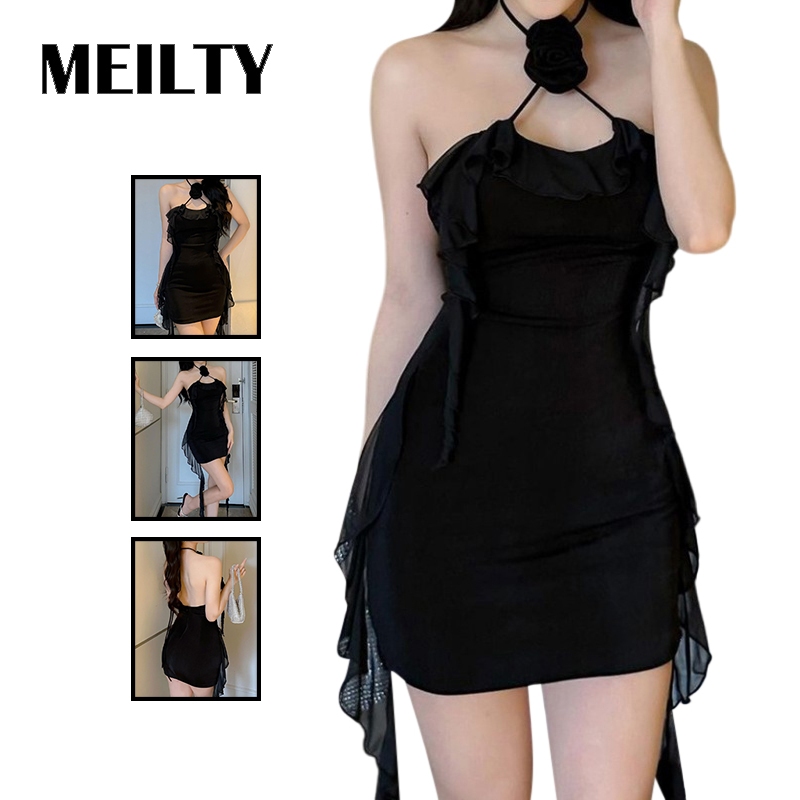 ชุดฤดูร้อน Dress ของผู้หญิง ดอกไม้ 3D สีทึบ พู่จีบ สลิมฟิต ชุดมินิ ดำ / ขาว
