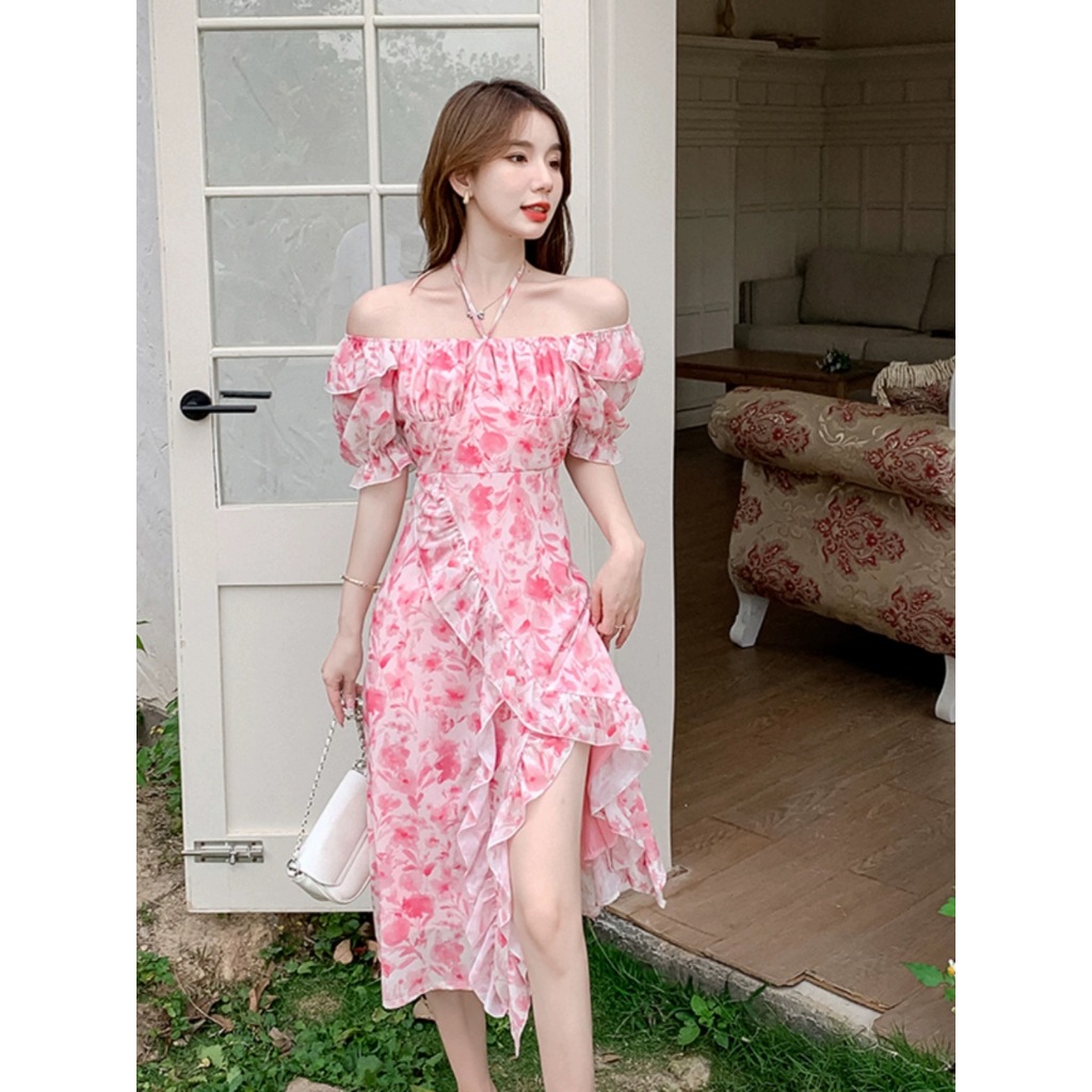 Beryl🌻ชุดเดรสลายดอกไม้ฝรั่งเศสสีชมพูใหม่ ชุดเดรสยาวดีไซน์ไม่สม่ำเสมอ - รูปที่ 3