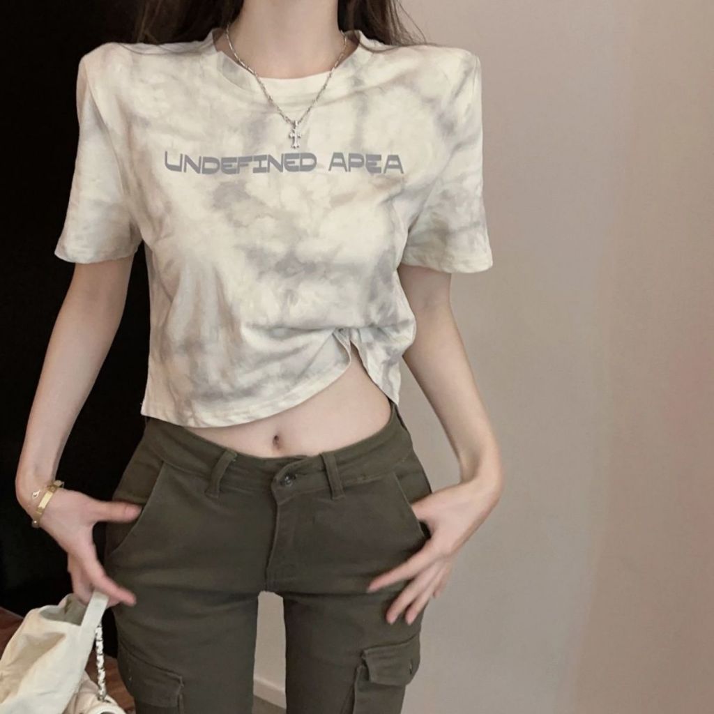 เสื้อครอปแขนสั้นสาวอวบ เอวลอย เสื้อผ้าสไตล์ญี่ปุ่นน่ารัก แฟชั่นวัยรุ่น เสื้อยืดสวยๆผู้หญิงฤดูร้อนใหม่ พิมพ์ลาย แบบเท่ๆ