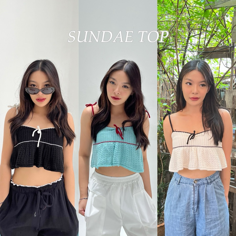 SUNDAE TOP” - เสื้อสายเดี่ยวครอป ผ้าไหมพรม ปลายระบาย (nita.bkk)