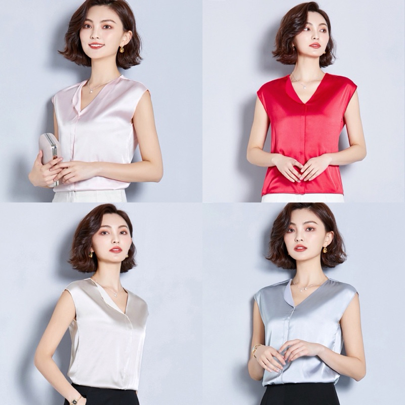 เสื้อแขนกุด ผ้าซาติน เสื้อเชิ้ตคอวีแขนกุด (ไซส์ XL - XXL) เสื้อเชิ้ตผู้หญิง เสื้อผ้าแฟชั่นผู้หญิง เส