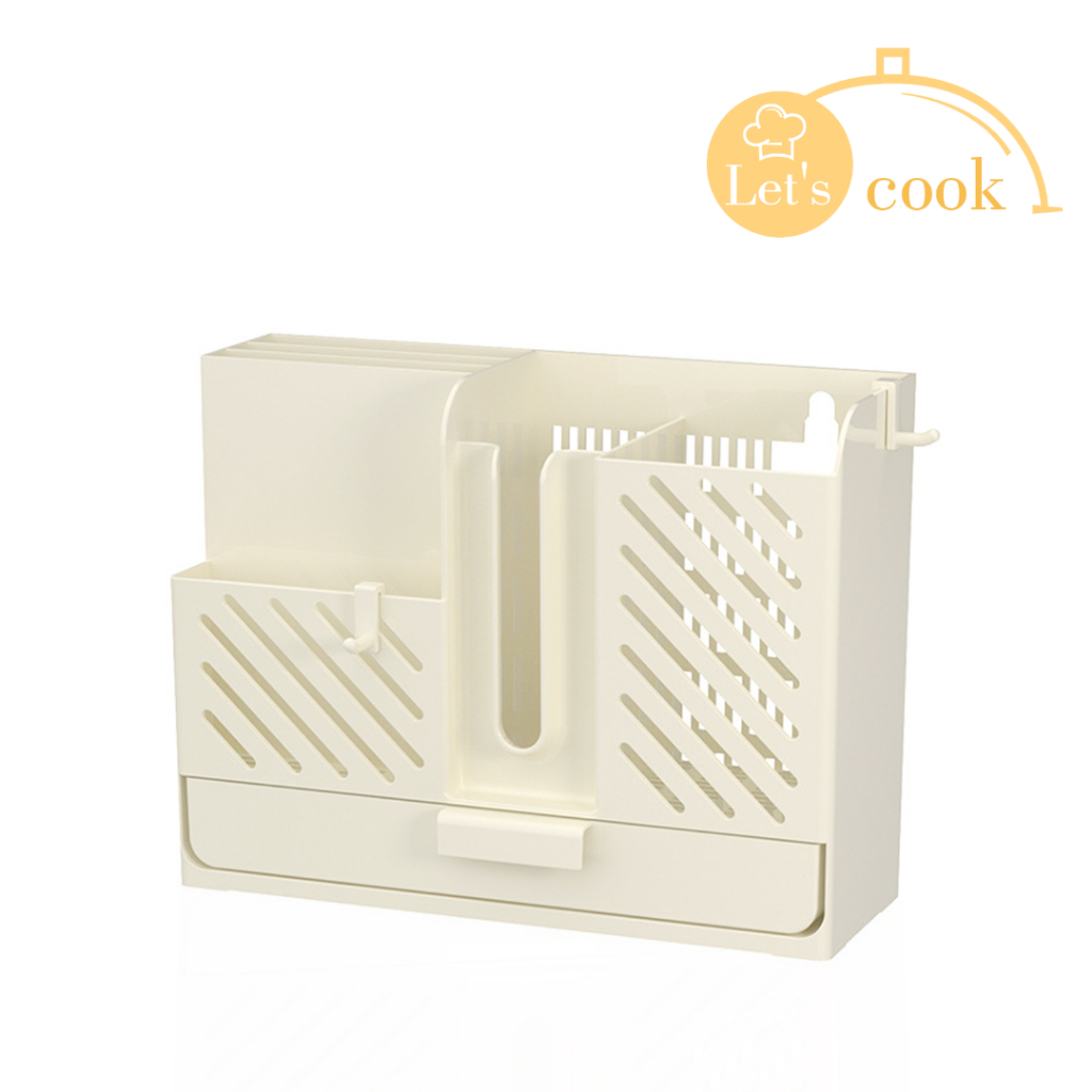 กล่องเก็บตะเกียบ ที่ใส่ตะเกียบ knife holder สำหรับใส่ช้อน ส้อม มีด มีถาดระบายน้ำ ช่วยประหยัดพื้นที่ในครัว Let's cook