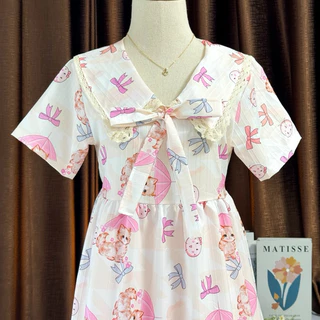 Dress แขนสั้นระบายชายยาว ( vp คอปกลูกไม้ )