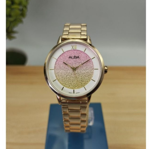 นาฬิกา(ผู้หญิง)​ ALBA​ Japan Colorful รุ่น AH8690 หน้าปัดชมพู-ทอง *แถมหมวก  ประกันศูนย์1ปี