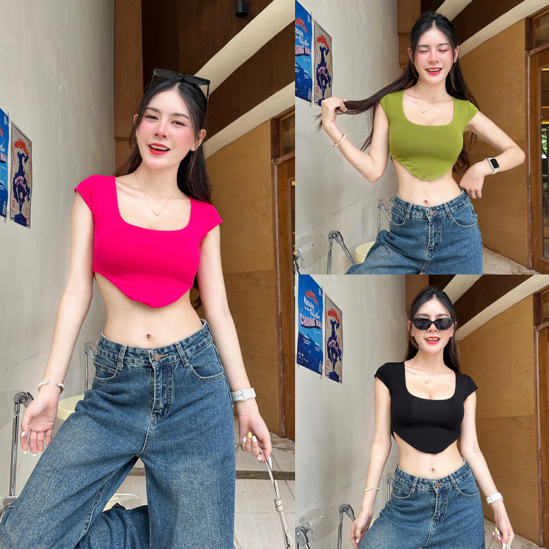 SpinnyHouse เสื้อครอปแขนเว้า ทรงคอเหลี่ยม ผ้าเรย่อน 2 ชั้น ช่วงชายเสื้อแต่งเว้า เซ็กซี่ใส่แมตช์ลุคง่าย รุ่น มิโซะ