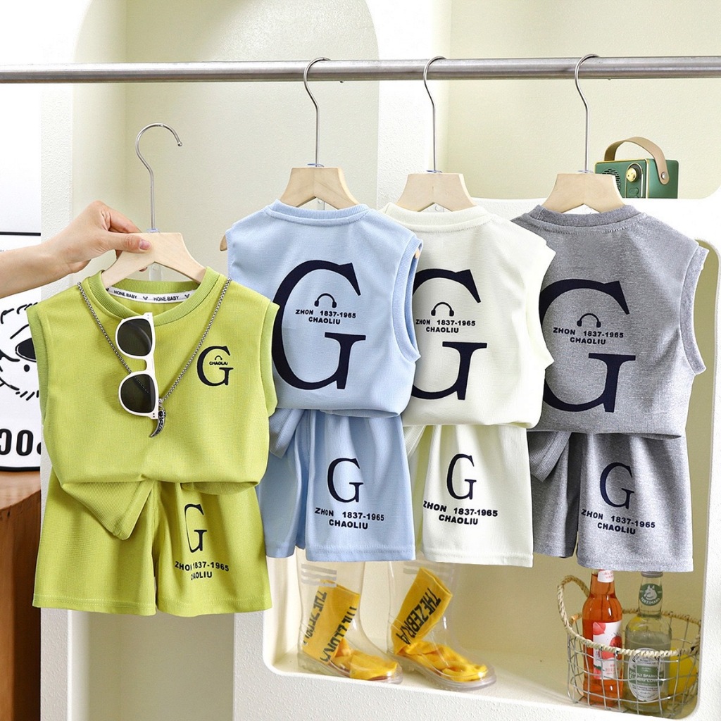 พร้อมส่ง ชุดเซ็ทเด็กแขนกุดแฟชั่น เสื้อผ้าเด็กฤดูร้อนใส่สบาย