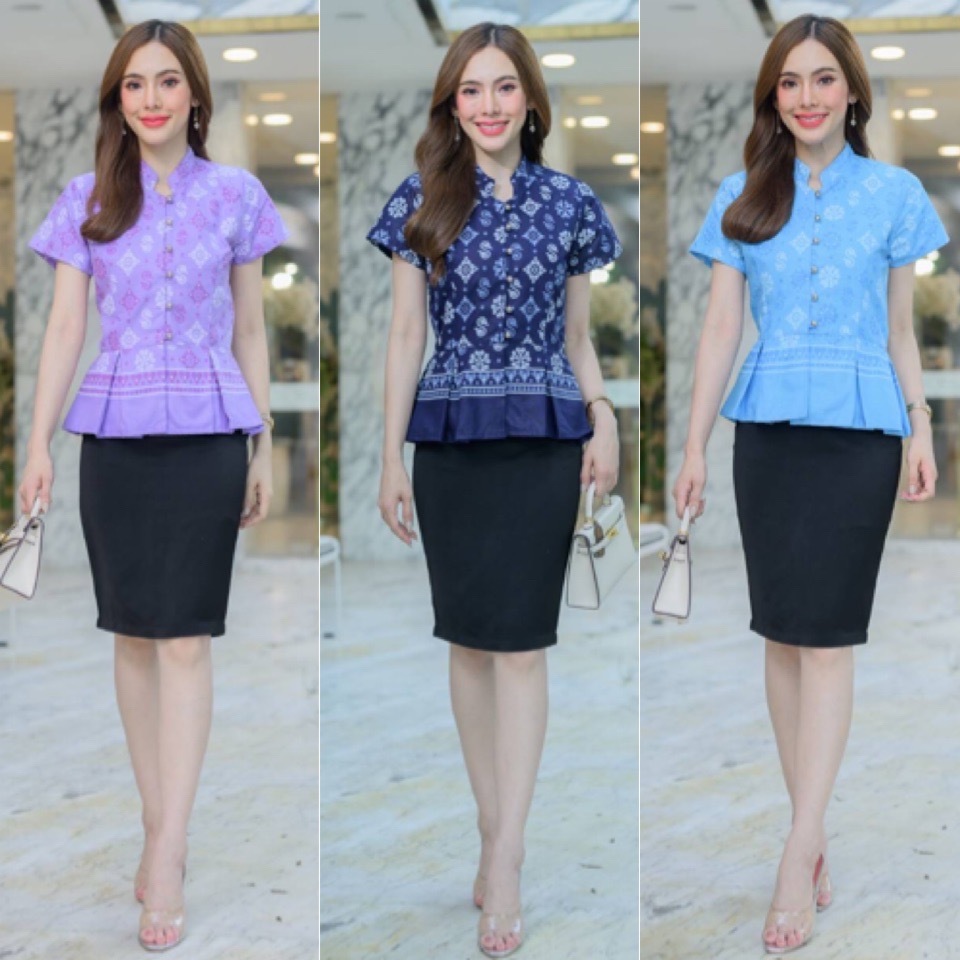 [ ส่งด่วน ] เสื้อผ้าไทยลายขอพระราชทาน คอจีนระบายเอว (มีไซร้ 36"-44")