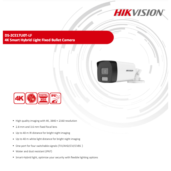 HIKVISION ชุดกล้องวงจรปิด 8MP รุ่น DS-2CE16U1T-ITF , DS-2CE16U0T-LF 2.8,3.6mm (1ตัว)