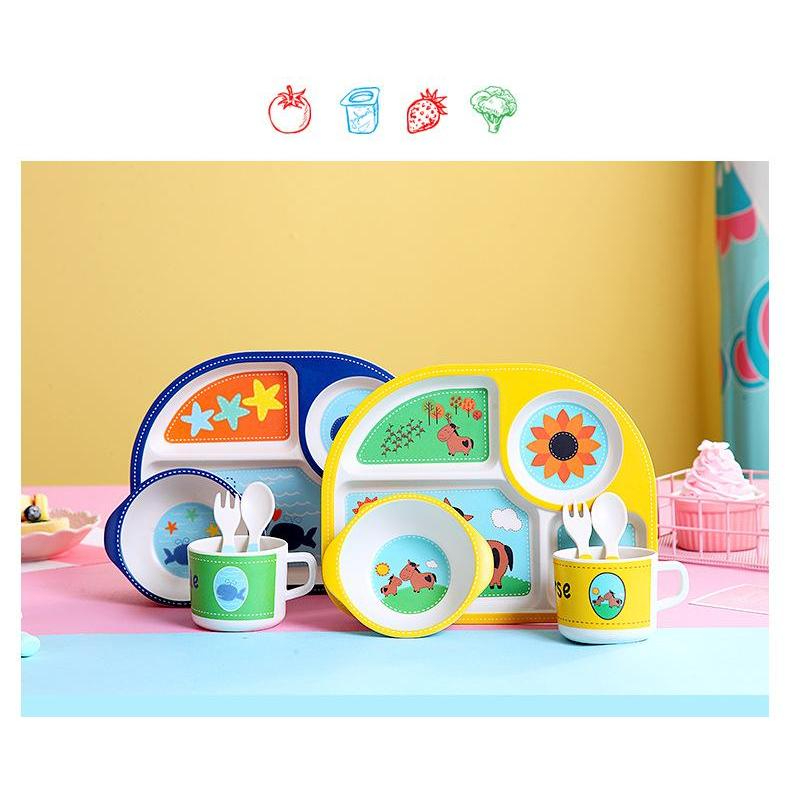 จานเด็กครบเซท ชุดจานเยื่อไผ่ เซ็ต 5ชิ้น จานชามสำหรับเด็กปลอดภัยสำหรับเด็ก วัสดุธรรมชาติ ลายน่ารัก