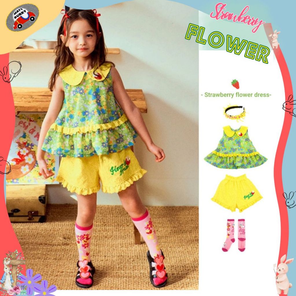 ( Little Rachel kids พร้อมส่ง นำเข้า เกาหลี )strawberry flower ชุดเด็กหญิง ลายดอกไม้สตอเบอรี่ คุณภาพแบรนด์