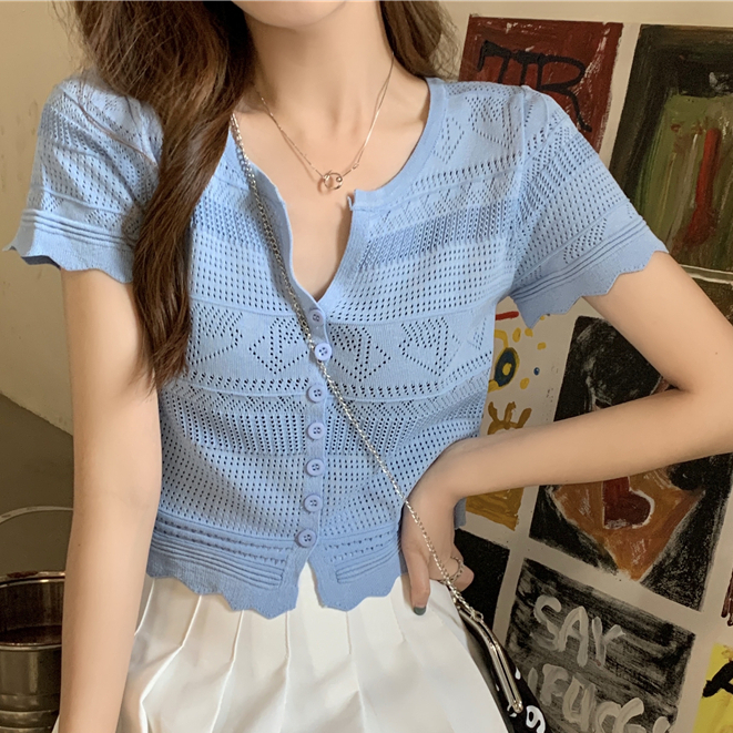 เเบบเเขนสั้น เสื้อเเขนสั้นไหมพรม การออกแบบคัตเอาท์ สีสวยมาก ลมอ่อนโยนแบบฝรั่งเศส#22183