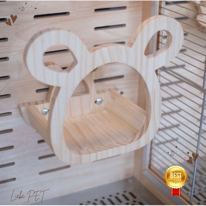 LP181 บ้านสัตว์เลี้ยง รูปหมี ดีไซน์น่ารัก แบบยึดกรง ทำจากไม้สน สำหรับชินชิลล่า กระรอก บุชเบบี้ นก