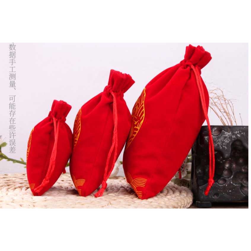 🍒🍒ถุงผ้า ถุงหูรูด กำมะหยี่ อักษรมงคล ถุงจีน สีแดง
