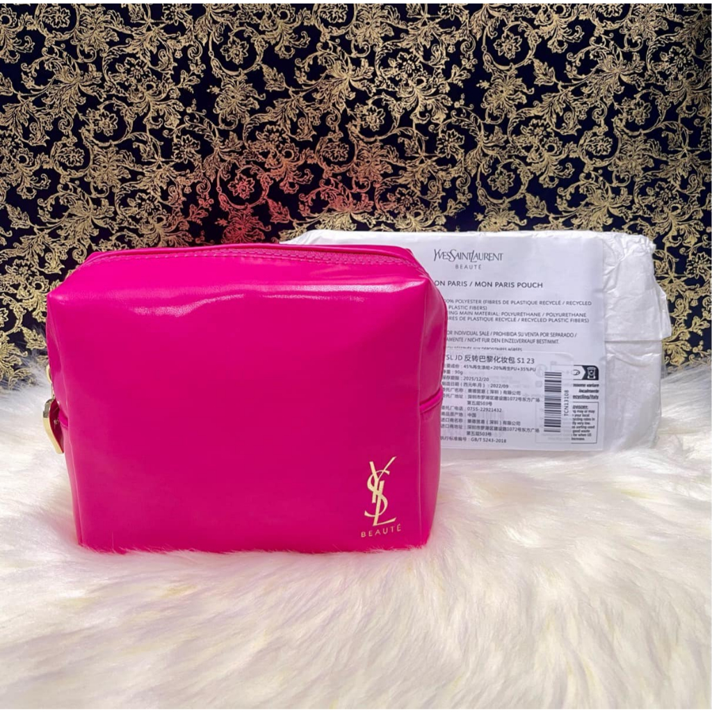 YSl Saint Laurent กระเป๋าเครื่องสําอาง  หนัง PU มีซิป สีชมพูฟลูเชีย สวยแซ่บบบ