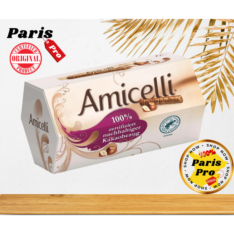 Amicelli เวเฟอร์โรลเคลือบช็อคโกแลตนมสอดใส้ครีมเฮเซลนัท 200 g 16 แท่ง นำเข้าจากเยอรมัน ขนม ช็อคโกแลต ขนมขบเคี้ยว