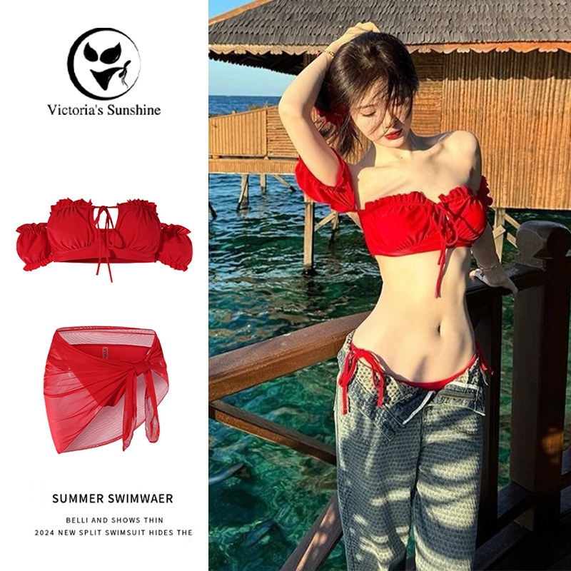 Victoria's Sunshineบิกินี่ ไทย 3ชิ้น สีแดง บรา ผูกคอ รุ่นใหม่ มีฟองน้ำ#0309