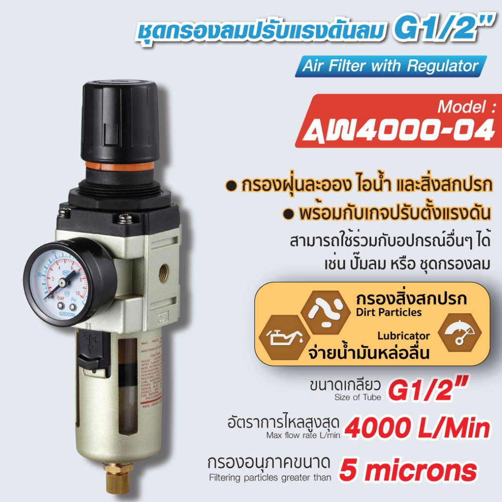 ตัวดักน้ำชุดกรองลมดักน้ำ AW4000-04 ( 4 หุน -1/2" ) ชุดกรองลมปรับแรงดันลม