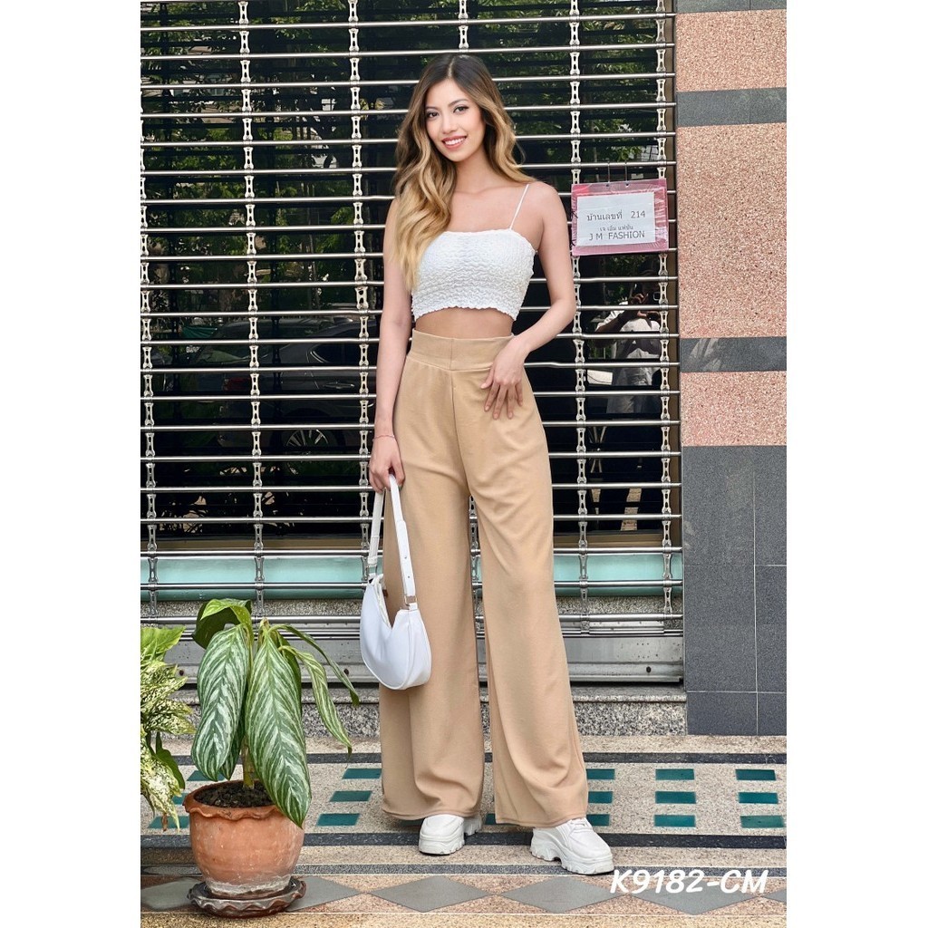 Kloset กางเกงขาบานผู้หญิง กางเกงเอวสูง ลอง ผ้ายืดได้ ฟรีไซต์ขาปล่อยกางเกงขายาวเองสูงปรี๊ด รงกระบอก กระบอกใหญ่ K9182