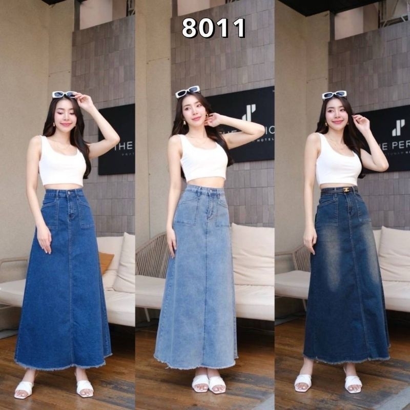 🌈👉#8011💥ผ้ายืด💥กระโปรงยีนส์แฟชั่นทรงยาวแบบเรียบเก๋ใส่ได้ทุกโอกาศ