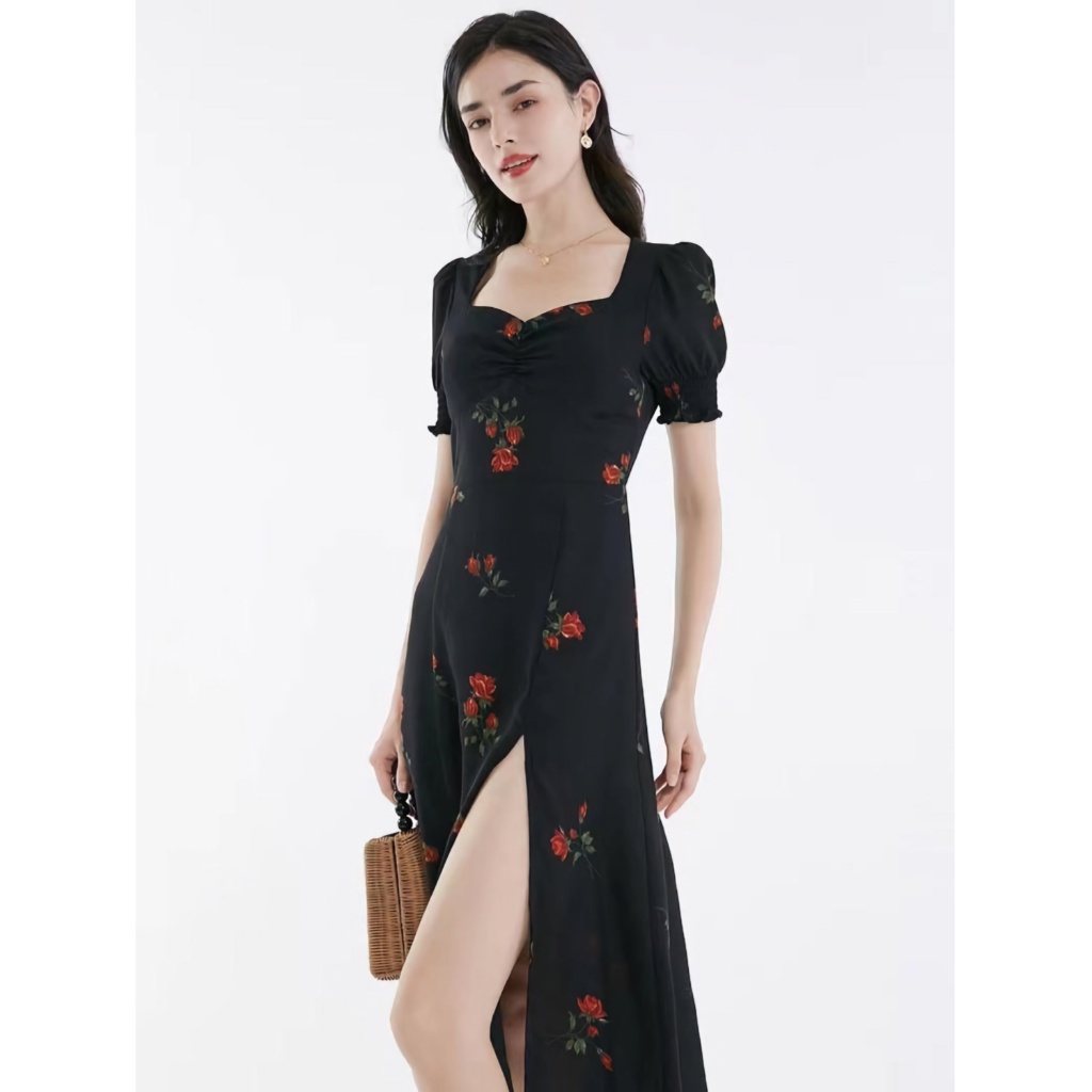 เดรสคอเหลี่ยมฝรั่งเศส เดรสลายดอกไม้ ลำลอง ใส่สบาย LWP189