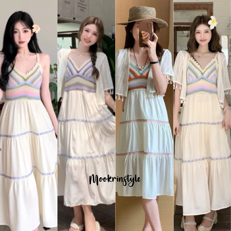 Mookrinstyle • เดรสถักอกกระโปรงยาว ชุดไปทะเลสวยๆ มี 3 สี ใส่เดินชายหาด Bohemians dress