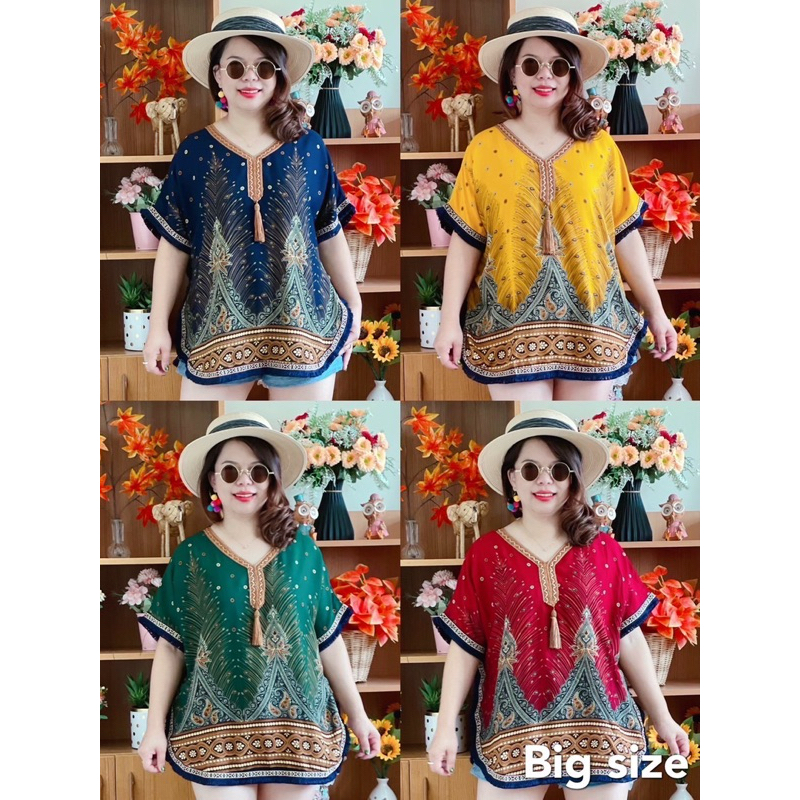 เสื้อทรงปีกผีเสื้อเสื้อโบฮีเมี่ยนสวยๆลวดลายสดใสงานเนียบงานละเอียดรอบคอมีพู่เล็กๆห้อย