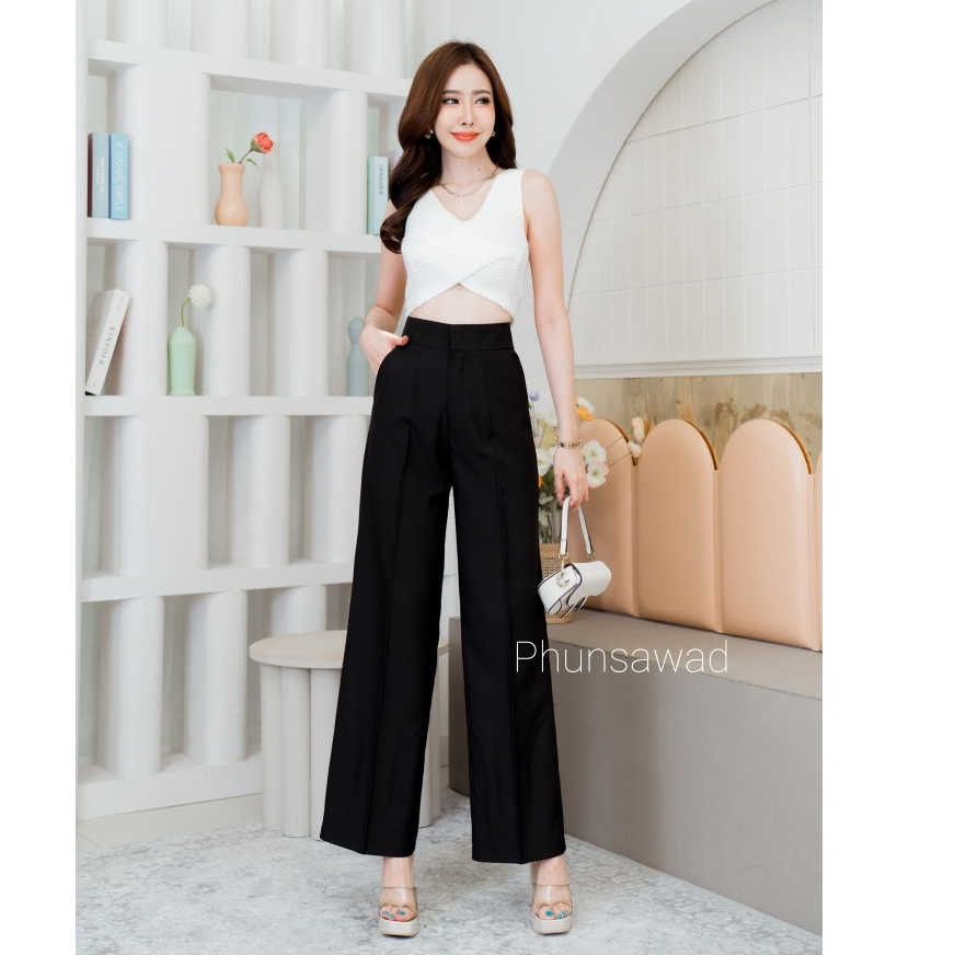 P35 กางเกงขายาวผู้หญิง ขากระบอก ซิปตะขอหน้า ผ้าไอวี่่ไอด้า