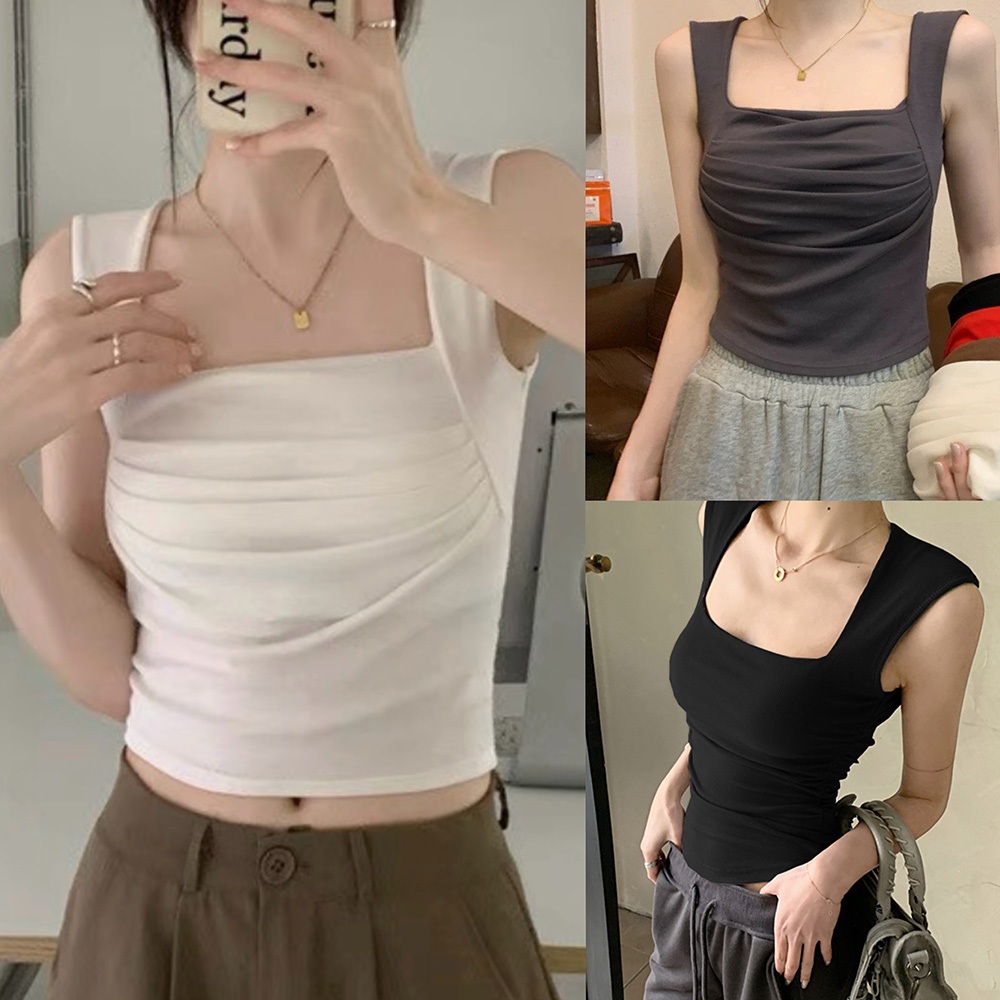 Beryl เสื้อกล้ามสีขาวเซ็กซี่ ดีไซน์คอเหลี่ยมจับจีบ เสื้อกล้ามลดความอ้วน