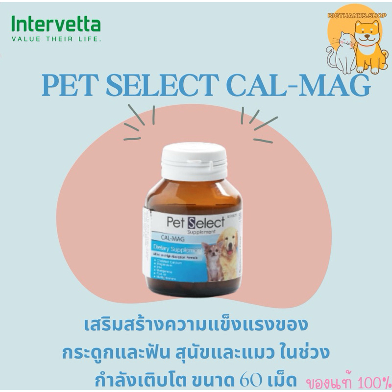 Pet select cal-mag 60 เม็ด Exp.27/10/25 เสริมแคลเซียมและแร่ธาตุดูดซึมได้สูง สำหรับสุนัขและแมวที่กำลังตั้งท้อง