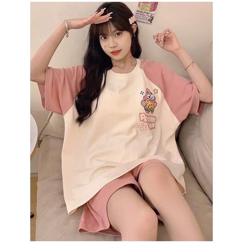 ชุดนอน ผ้าคอตตอน เสื้อแขนสั้น-กางเกงขาสั้น ขนาดXXL รุ่น106985 ผ้านิ่ม เย็นสบาย ชุดนอนน่ารัก สไตล์เกาลี พร้อมส่ง