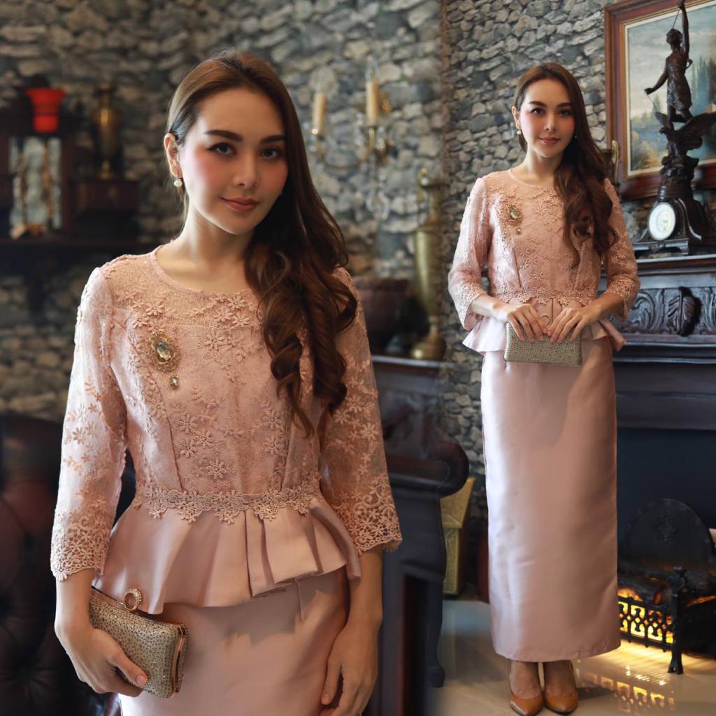 GBK ชุดออกงาน เสื้อลูกไม้ใยบวบ+กระโปรงผ้าไหมญี่ปุ่น มี2สี รหัส 1024