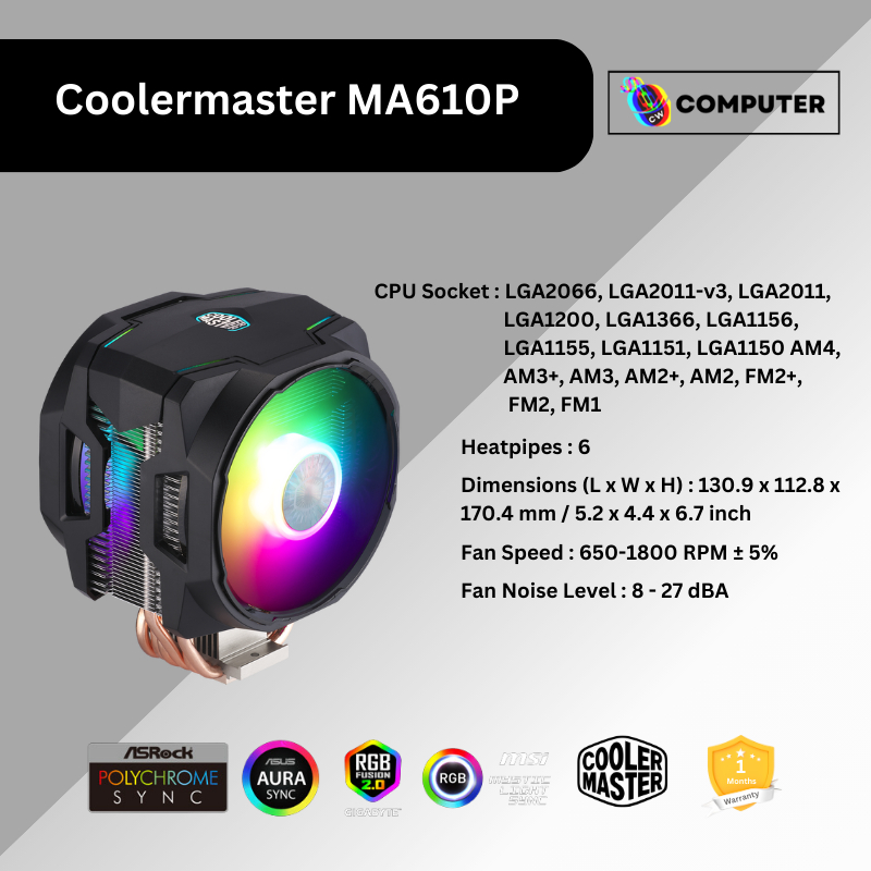 พัดลมซีพียู มือสอง CPU Cooler Coolermaster รุ่น MA610p ARGB มีไฟ RGB ปรับสีได้อุปกรณ์ครบกล่อง