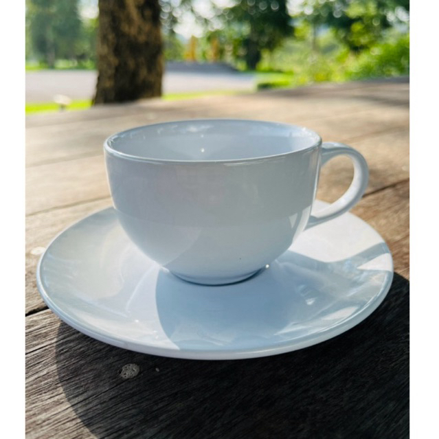 แก้วกาแฟเซรามิค พร้อมจานรอง เกรด A สีขาวเงา ขนาด 6 ออนซ์