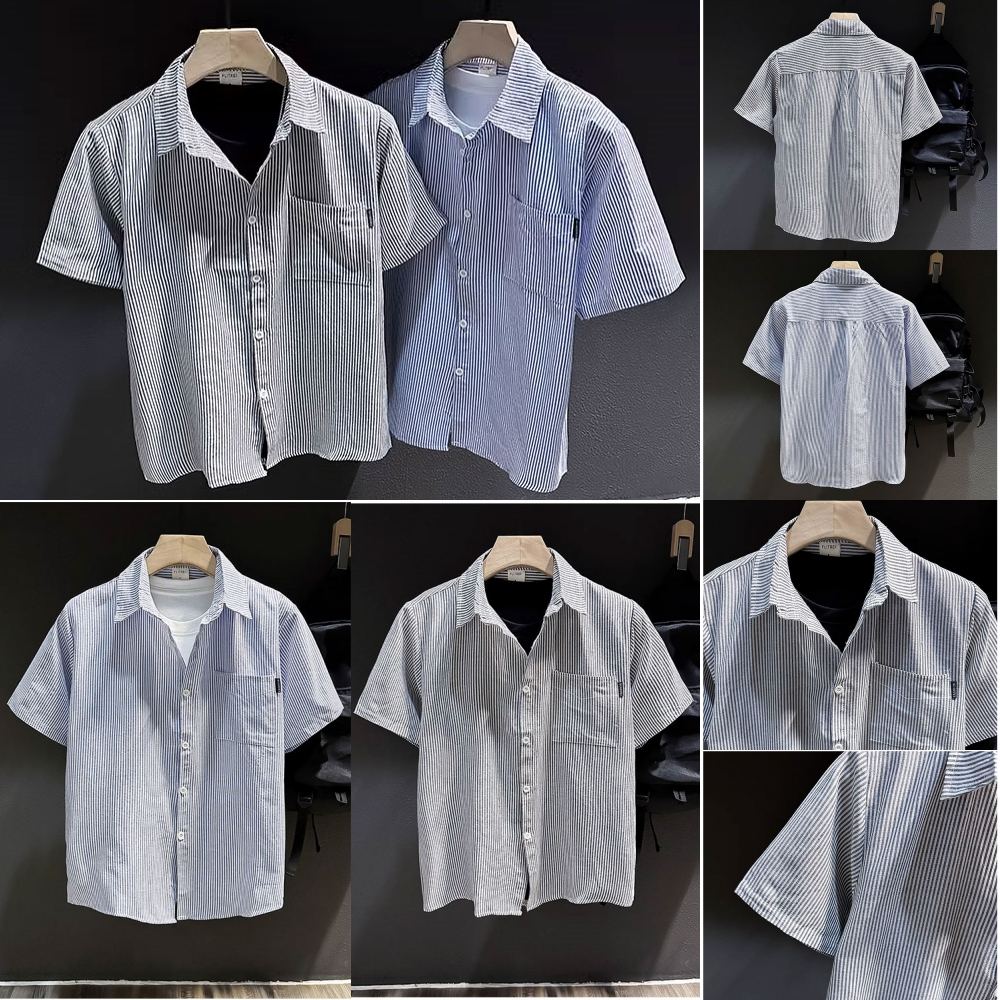 LKACS178 เสื้อเชิ้ตคอปกแขนสั้น ทรงหลวมลายทาง ขนาดใหญ่ สี Black/Blue สไตล์วินเทจ สําหรับผู้ชาย มีกระเป๋า1ข้าง M-2XL