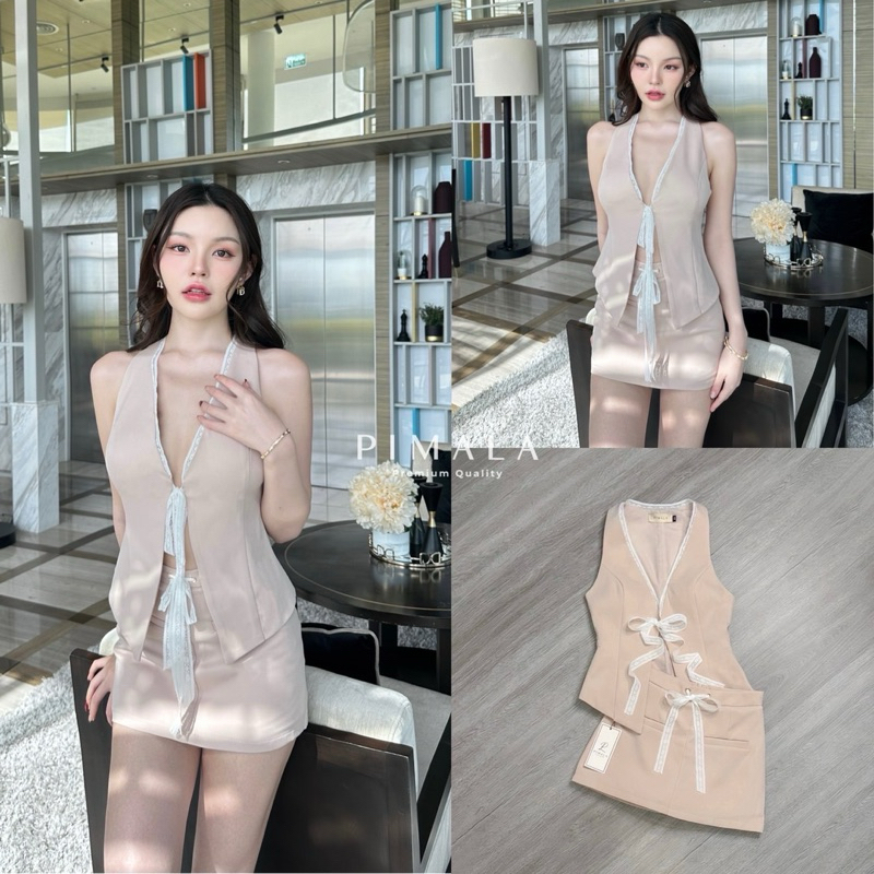 set2ชิ้น เสื้อทรงสูทแขนกุดผูกโบว์+กระโปรงสั้น ชุดเซทสวย งานป้าย Pimala
