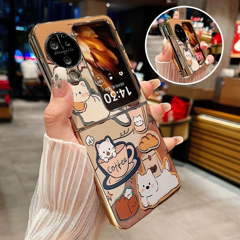 เคสโทรศัพท์มือถือสำหรับ OPPO Find N3 Flip , Find N2 Flip ขอบทอง เคสพิมพ์ลายขนมปัง กาแฟ และน้องแมวน้อย สุดน่ารัก