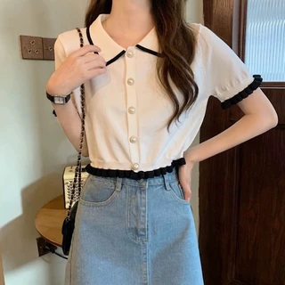 shop_sc [พร้อมส่ง] เสื้อไหมพรมแฟชั่นแขนสั้นผู้หญิง สไตล์เกาหลี คอปก เอวจั๊ม แต่งกระดุมมุข มี3สี
