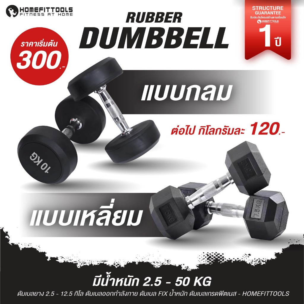 ดัมเบลยาง 27.5-50KG ดัมเบลออกกำลังกาย ดัมเบล FIX น้ำหนัก เกรดฟิตเนส Fix Dumbells - Homefittools