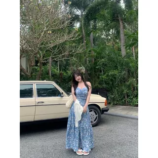 CiCi Plus+(3299) เดรสยาวพิมพ์ลายดอกไม้สีฟ้าดอกขาว สวยหวาน ผูกหลังเก๋ๆ สไตล์สาวพลัสไซส์