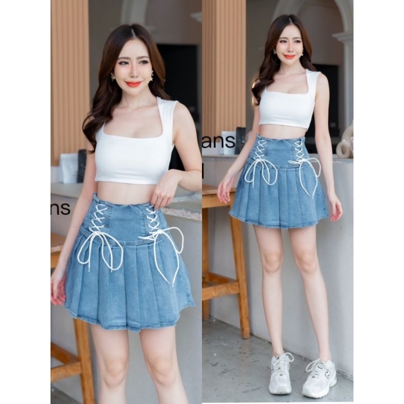 5811#กระโปรง​กางเกง​ยีนส์​ผ้่ยืดต่อตาไก่อัดจีบรอบตัว